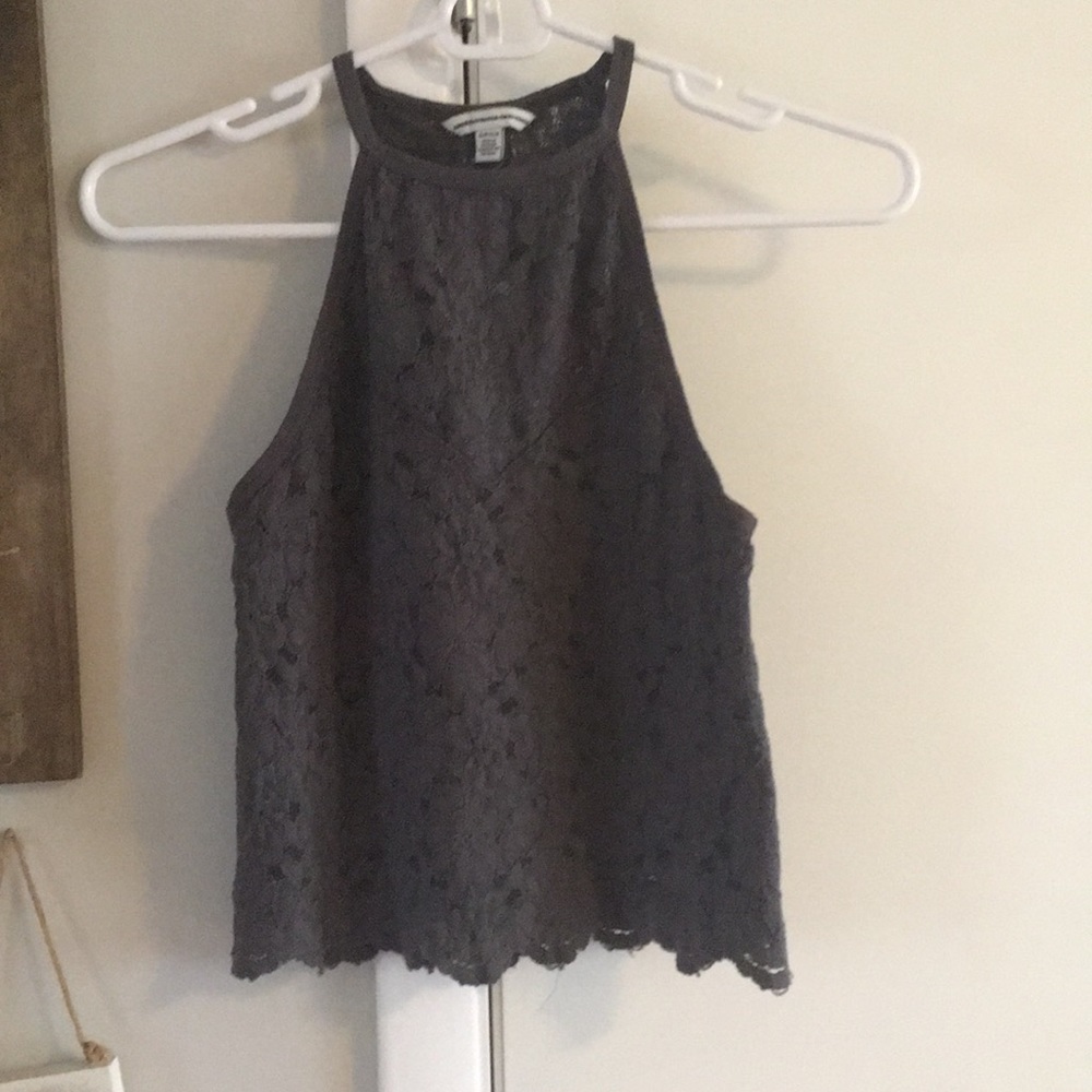 High neck crop top with lace detailing